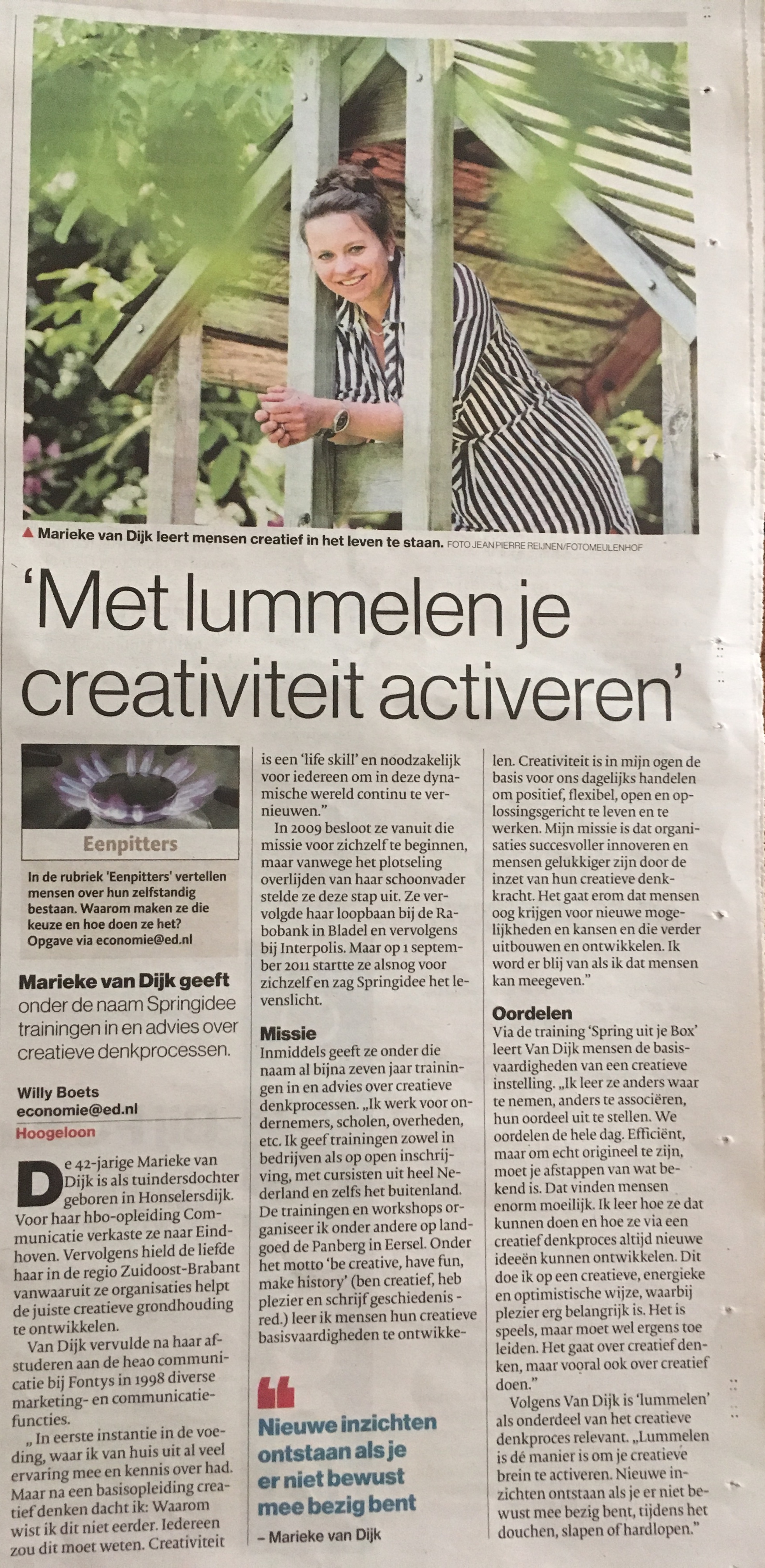 Interview Marieke van Dijk van Springidee over creativiteit, creativiteitsontwikkeling en lummelen in het Eindhovens Dagblad